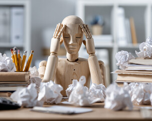 Wooden mannequin figure stressed at a desk surrounded by crumpled paper balls and books, symbolizing work overload