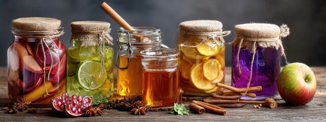Rustic flat lay of glass jars with homemade preserves and spices