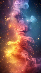 Colorful Smoke Swirl with Glowing Particles on Cosmic Background for Fantasy or Abstract Design Use