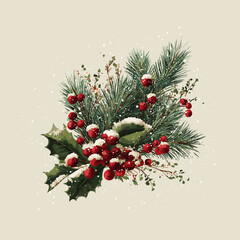 Snowy Winter Holly and Pine Branches Arrangement