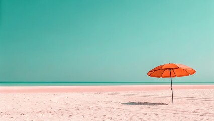 Serene Beach Scene: Minimalist Orange Umbrella on Pink Sand with Turquoise Sky and Ocean, Tranquil Vacation.
