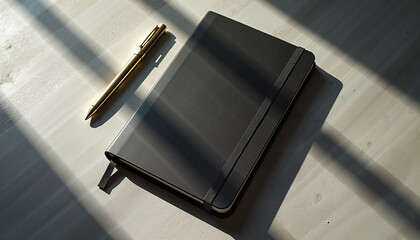 Black notebook and golden pen on a light wooden table with soft shadows