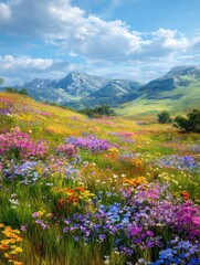 Obraz premium Colorful wildflowers bloom in a sunny meadow, hills in background; spring nature scene for websites or prints