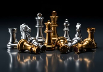 Strategic chess pieces arranged in a dramatic composition reflecting on a dark surface
