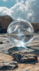 Crystal Clear Glass Sphere on Rocky Surface Reflecting Sky and Clouds in Natural Outdoor Setting for Conceptual Design Use