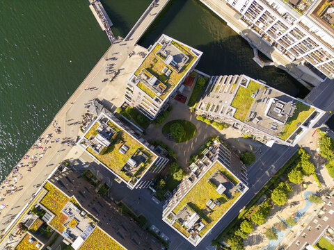 Aerial view of modern buildings with green roofs meet the shimmering waterfront, a vibrant contrast of urban ecology, Oslo, Norway.