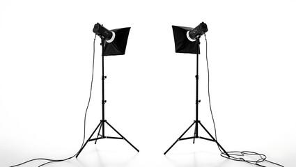 Professional Photography Lighting Equipment Set Up for Studio Shoots Against a Clean White Background Showing Two Softbox Lights on Stands with Cables
