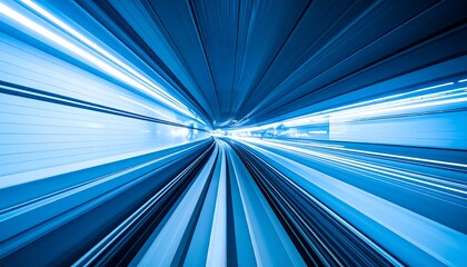 Abstract blue light streaks and motion blur create a sense of futuristic high speed travel through a tunnel