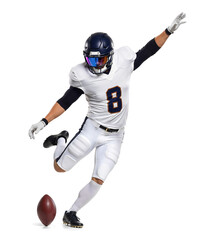 American football player in kicking pose, full gear, isolated background