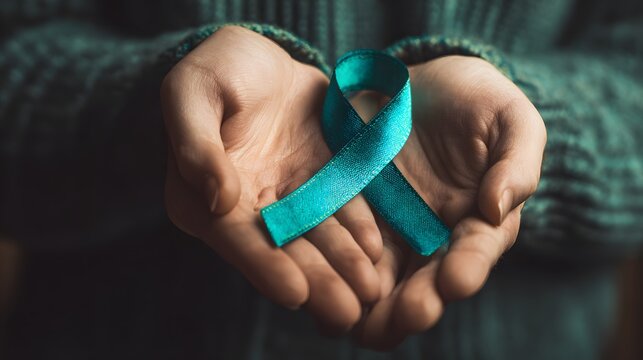 Hope and Awareness: A compassionate scene unfolds as two hands gently cradle a symbolic teal ribbon, radiating support, representing cancer awareness. 