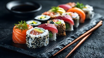 Sushi Arrangement: A delectable array of sushi rolls, with salmon, tuna, and avocado, is elegantly arranged on a dark plate, beside chopsticks and soy sauce. 