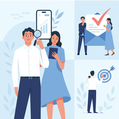 Set of business concept illustrations featuring data analysis, goal achievement, and task completion for success.