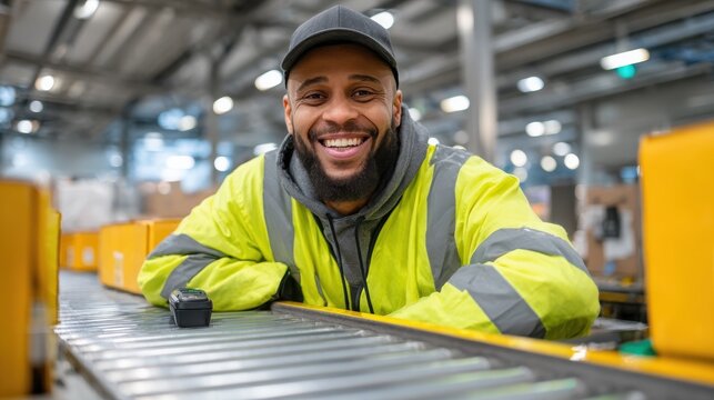 Low-angle shot of a worker smiling at the camera while scanning boxes using a bar-code reader on a conveyor belt at a distribution warehouse., no logos, no brands