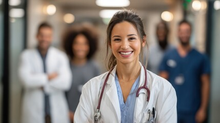 Young female doctor smiling while standing in a hospital corridor with a diverse group of staff in the background, no logos, no brands