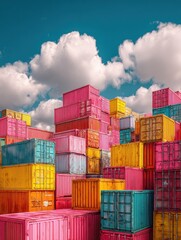 Fototapeta premium Shipping containers stacked in a colorful urban yard under a bright blue sky with clouds, highlighting logistics, transportation, and industrial background.