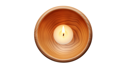 Warm glowing candle in a natural wooden bowl, evoking peace and tranquility for serene moments