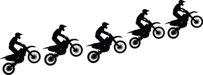 Motocross Rider Jump Sequence, Black Silhouette of an Athlete on a Dirt Bike, Vector for Extreme Sports and Action Concepts.