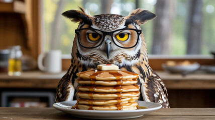 An owl with glasses sits at a wooden table, staring intently at a tall stack of golden pancakes topped with syrup and butter. The rustic cabin interior enhances the scene.
