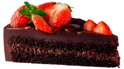 Decadent Delight: A single slice of rich, chocolate cake, generously topped with fresh strawberries and a sprig of mint, beckons with its irresistible charm.