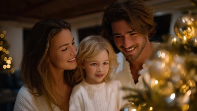 A blended family decorating a Christmas tree together in a warm living room