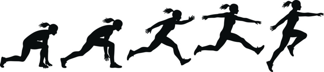 Female Athlete Motion Sequence, Black Silhouettes of a Runner in Action, Vector for Sports, Fitness, and Progress Concepts.