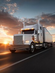 White semi truck driving on highway at sunset