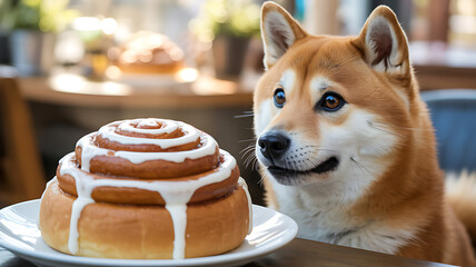 A Shiba Inu sits at a table in a cafe, gazing intently at a large cinnamon roll topped with white icing. Natural light brightens the warm atmosphere.