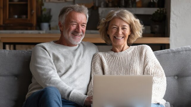 Happy mature mid age couple using laptop sit on sofa doing ecommerce shopping online on website. Smiling senior old adult man and woman looking at computer buying insurance browsing internet at home.