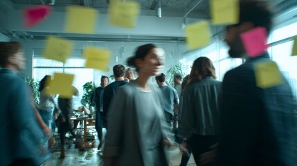 Fototapeta premium A candid office moment showcases a diverse team mid-idea flow. Motion blur, flying notes, and sunlight evoke creativity, teamwork, and the fast pace of modern business environments.