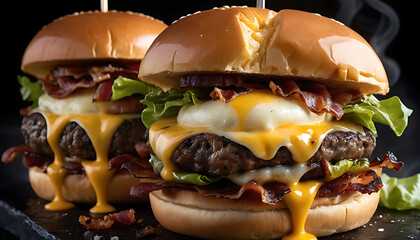 Two juicy burgers stacked high with melted cheese, crispy bacon, and fresh lettuce, showcasing a mouthwatering combination. The dark background highlights their deliciousness.