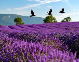 Lavender field with birds flying