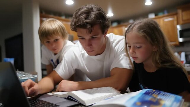 Parents helping kids with homework at the kitchen counter
