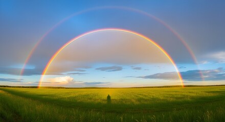 A vibrant double rainbow arches over a lush green field under a partly cloudy sky at sunset time on transparent background