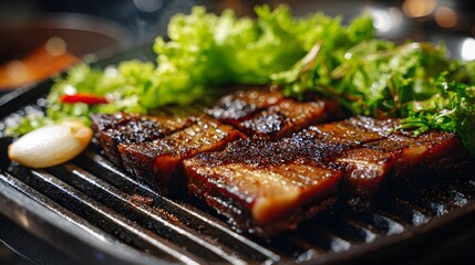 Smoked Pork Belly with Fresh Salad: A close-up view of sizzling smoked pork belly with beautifully charred edges, arranged alongside vibrant, crisp salad leaves, and red pepper on a hot grill.