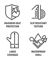 Oven mitt gloves properties icons set in bold line