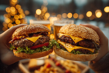 Two delicious gourmet cheeseburgers held up in front of a blurred background of bokeh lights and a beer glass