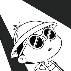 A cute, funny cartoon animal illustration of a small panda character with a hat and a little bird
