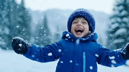 A Joyful Child Delightfully Enjoying a Magical Winter Wonderland in a Beautiful Snowy Forest Setting