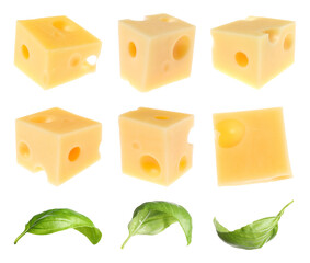 Cheese cubes and green basil leaves isolated on white, set