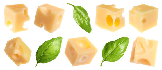 Cheese cubes and green basil leaves isolated on white, set