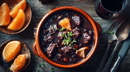 Savory Stew and Citrus Slices: An overhead view reveals a hearty stew, with tender morsels and zestful citrus accents, perfectly presented alongside a glass of wine and vintage tableware.