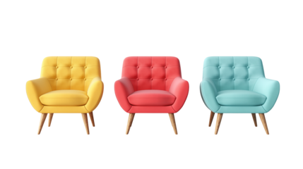 Vibrant modern armchairs in yellow, coral, and teal add stylish comfort to any space