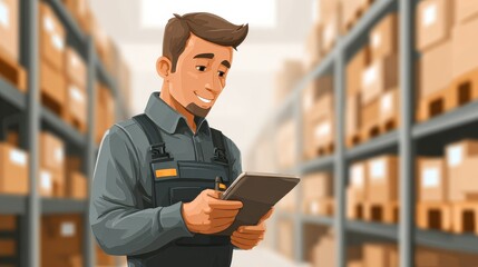 Man warehouse worker with a tablet., no logos, no brands