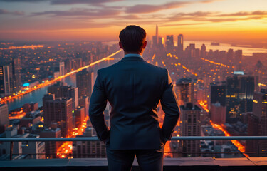 Businessman Looking at City Skyline Sunset View Success Vision Leadership Motivation Urban Landscape Career Goals Ambition Future Opportunity Concept