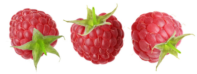 Fresh ripe raspberries isolated on white, set. Tasty berry
