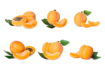 Fresh ripe apricots isolated on white, set