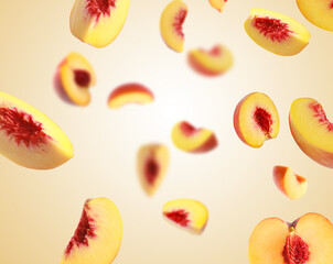 Fresh peaches whirling in air against orange gradient background