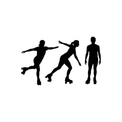 Black silhouettes of people roller skating and standing on white background roller skates sport