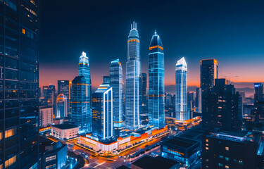 Obraz premium Futuristic City Skyline at Night with Illuminated Skyscrapers Modern Architecture Urban Landscape Technology Concept Neon Light Cityscape