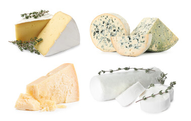Different kinds of cheese isolated on white, set